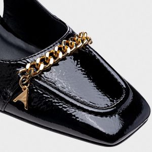 SCARPIN SLINGBACK CHAIN CHARM SALTO BLOCO PILAR COURO VERNIZ PRETO - CARRANO