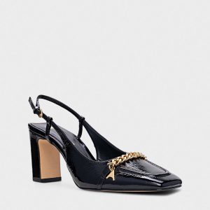 SCARPIN SLINGBACK CHAIN CHARM SALTO BLOCO PILAR COURO VERNIZ PRETO - CARRANO